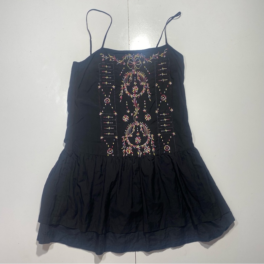 JMM‎ Black Embroidered Silk & Cotton Ruffle Bottom Spaghetti Strap Dress